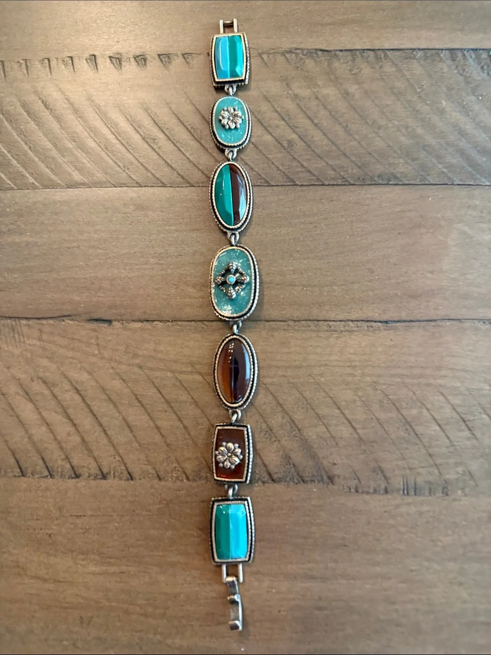 Vintage Brass Green & Brown Glass Link Bracelet Ornate Floral Statement